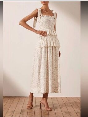 HOUSE of HARLOW 1960 Smocked Ruffle Tiered Floral Linen Maxi Dress, Size Large